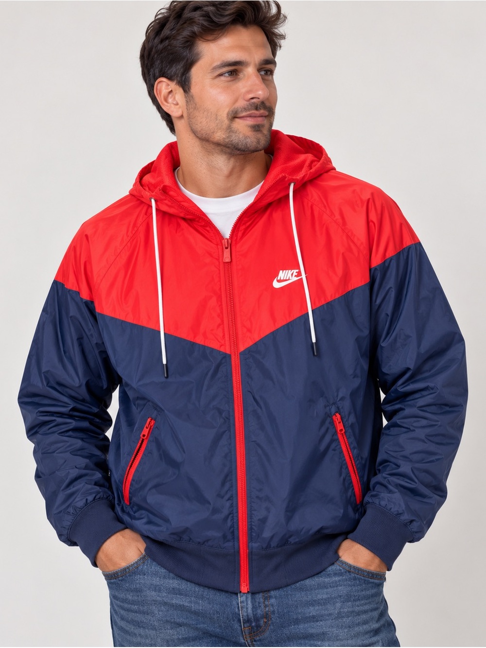 Nike Men’s Medium Windrunner Red Navy Hooded Full Zip Jacket